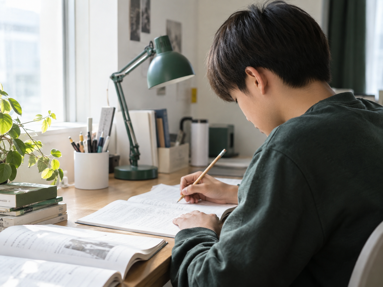 學生在自然光下專心閱讀與書寫筆記